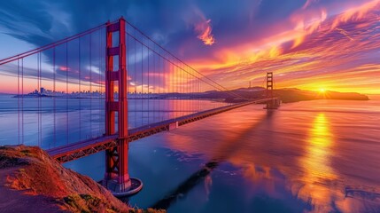 The Golden Gate Bridge during a vibrant sunrise, with the bridge illuminated by the warm light of the rising sun and the bay calm and reflective.