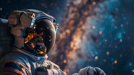 A man in a space suit is looking at the stars