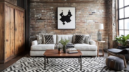 A Modern Living Room with a Brick Wall, Exposed Brick, and a Large Window
