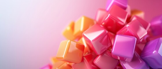  A tight shot of multiple cubes against a pink-blue backdrop, overlapping slightly; cubes subtly blurred in foreground