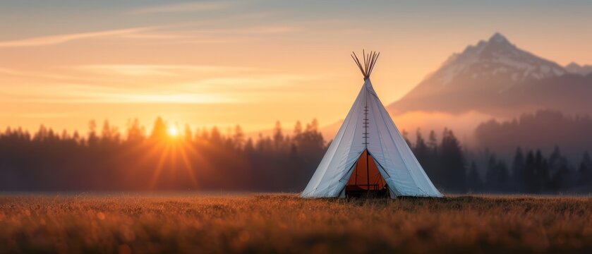  A teepee in a field, sun setting behind, trees in foreground