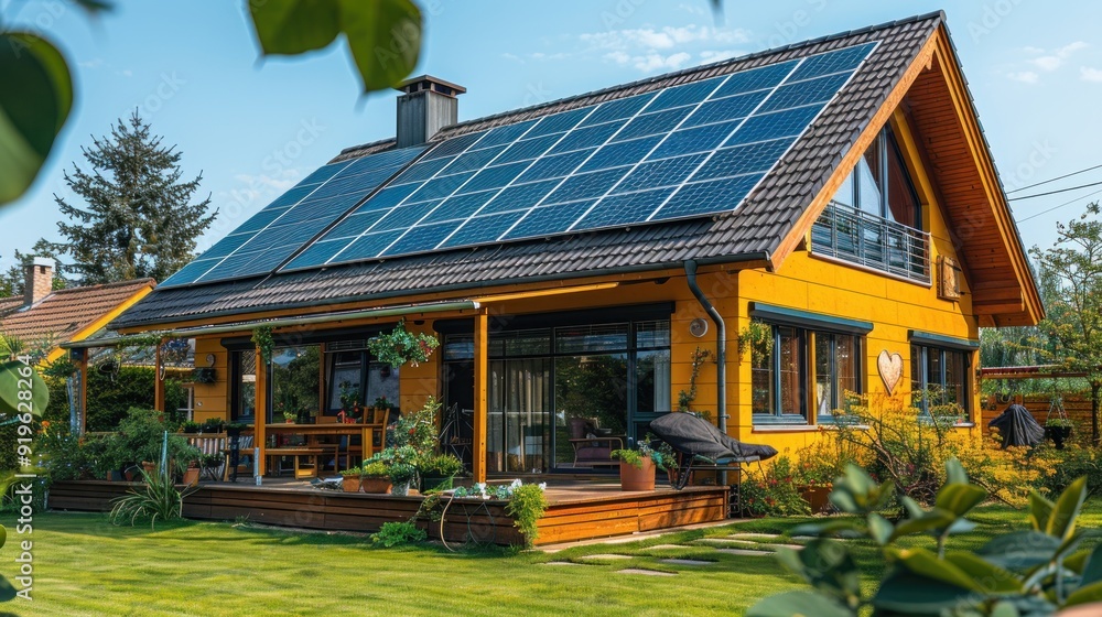 Poster Modern Yellow House With Solar Panels