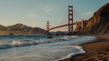 The Golden Gate Bridge viewed from Baker Beach, with the bridge spanning across the bay and the waves crashing on the shore