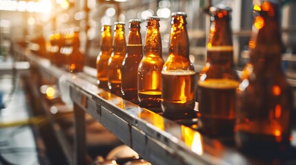 Beer bottles filling on the conveyor belt in the brewery factory
