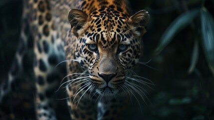 Fototapeta premium An up-close image of a leopard with a dark background