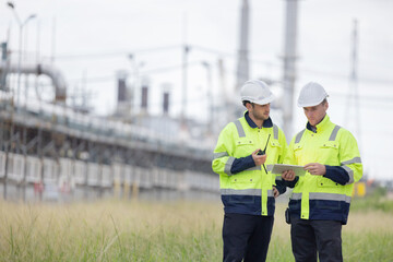 Petroleum engineers working at oil refinery site