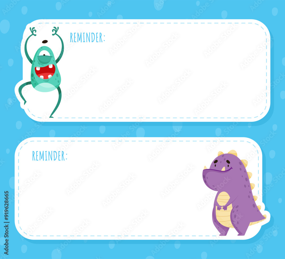 Poster note card with funny monster character and mutant with friendly face vector template