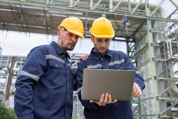 Petroleum engineers working at oil refinery site