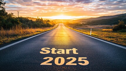 Sunrise over an empty road with "Start 2025" text in the center, signifying the journey into the new year with hope and planning.