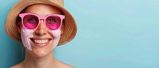 Fototapeta premium A woman dons a pink mask, pink sunglasses, and a straw hat