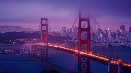 Obraz premium The Golden Gate Bridge with the city of San Francisco lit up in the distance, showcasing