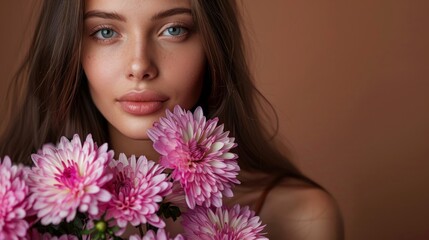 Naklejka premium Beautiful young women with bouquet of pink chrysanthemum flowers on brown background. International Women's Day