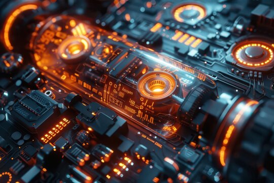 Close-up of a futuristic circuit board with glowing orange elements, showcasing intricate technology and digital design.
