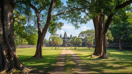 Obraz premium The grand entrance to Angkor Wat, framed by ancient trees and lush greenery,