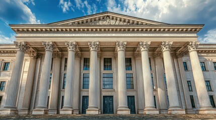 Obraz premium The grand exterior of a classical government building with majestic columns, a prominent entrance, and detailed stonework
