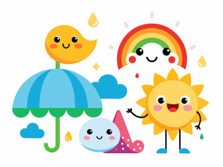 Cute weather characters. Cartoon funny season forecast emotion elements. Kids sun, happy rainbow, snowy cloud in hat, rain with umbrella on white background. Vector icons
