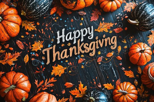 Elegant Thanksgiving Greeting with Hand-Lettered Text and Autumn Illustrations on Dark Wooden Background