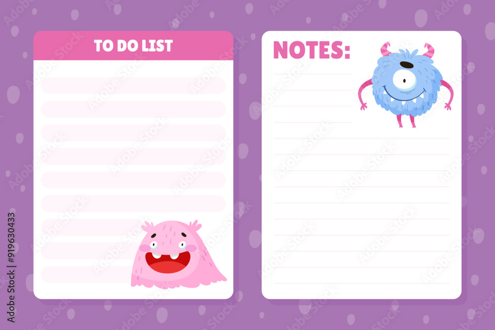 Poster note card with funny monster character and mutant with friendly face vector template