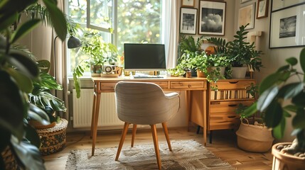 Fototapeta premium A warm and inviting home office with a comfy chair, a wooden desk, personal touches like framed photos and plants, large windows allowing in plenty of natural light, and a soft, homey feel,