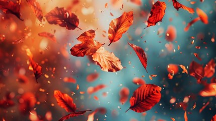 Red autumn leaves floating in the air on a windy day with blue and orange blurred background