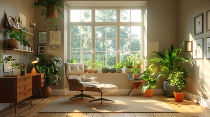 Fototapeta premium A warm home office featuring a comfortable armchair, a rustic desk, personal items like family photos and indoor plants, large windows letting in natural light, and a cozy, homely atmosphere,