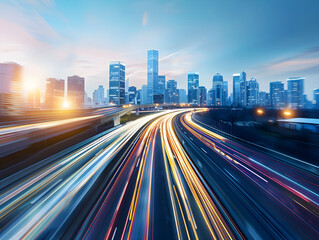 Obraz premium Dynamic light trails depict fast-moving city traffic against a backdrop of a modern skyline, capturing the energy and speed of urban life.