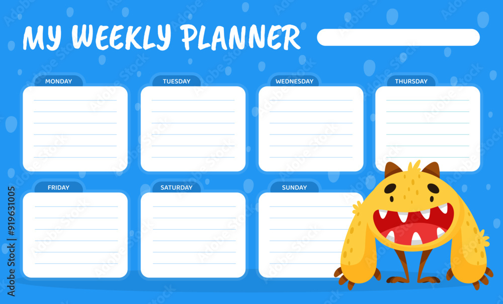 Poster weekly planner with funny monster character and mutant with friendly face vector template