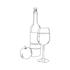 dessin en ligne d'une bouteille de vin, d'un verre de vin et d'une pomme, line art, vector