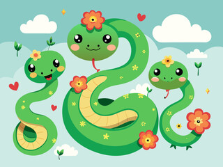 Chinese green snakes. Asian festival symbols. Cartoon cute snake with flowers and clouds. Zodiac horoscope animals. Happy character reptile in various poses. Vector set
