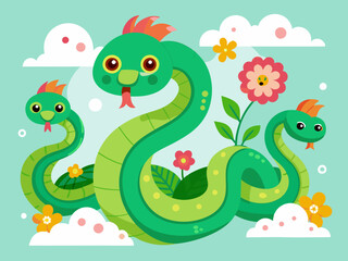 Obraz premium Chinese green snakes. Asian festival symbols. Cartoon cute snake with flowers and clouds. Zodiac horoscope animals. Happy character reptile in various poses. Vector set 