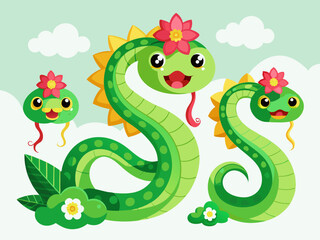 Chinese green snakes. Asian festival symbols. Cartoon cute snake with flowers and clouds. Zodiac horoscope animals. Happy character reptile in various poses. Vector set
