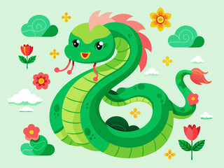Chinese green snakes. Asian festival symbols. Cartoon cute snake with flowers and clouds. Zodiac horoscope animals. Happy character reptile in various poses. Vector set
