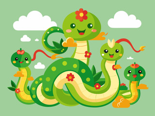 Chinese green snakes. Asian festival symbols. Cartoon cute snake with flowers and clouds. Zodiac horoscope animals. Happy character reptile in various poses. Vector set
