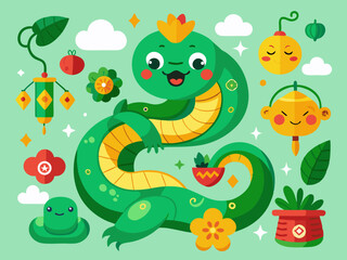 Chinese green snakes. Asian festival symbols. Cartoon cute snake with flowers and clouds. Zodiac horoscope animals. Happy character reptile in various poses. Vector set
