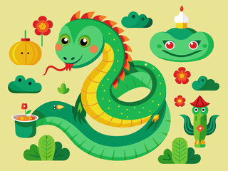 Chinese green snakes. Asian festival symbols. Cartoon cute snake with flowers and clouds. Zodiac horoscope animals. Happy character reptile in various poses. Vector set
