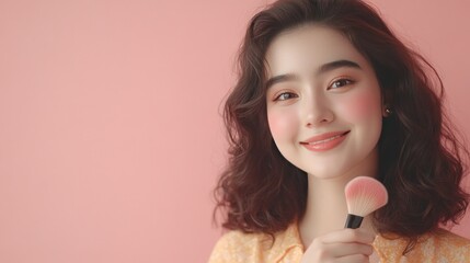 Portrait of a young woman with a makeup brush in her hand smiling.