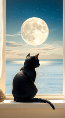 A black cat sitting on a windowsill with a full moon in the background 