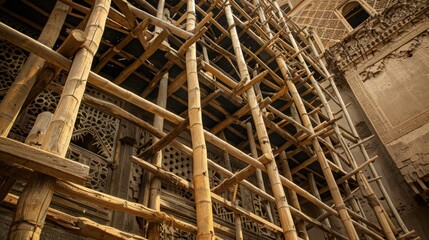 intricate wooden scaffolding used for its annual maintenance, showcasing the traditional methods