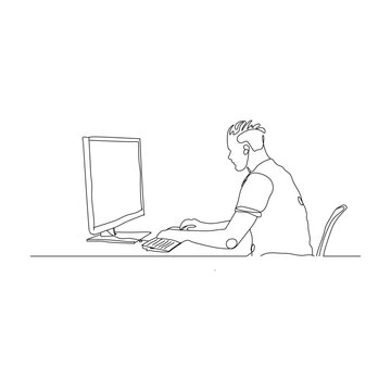 dessin en ligne continue d'un homme travaillant sur un ordinateur
