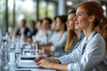 Fototapeta premium Medical staff during morning briefing in boardroom, Generative AI