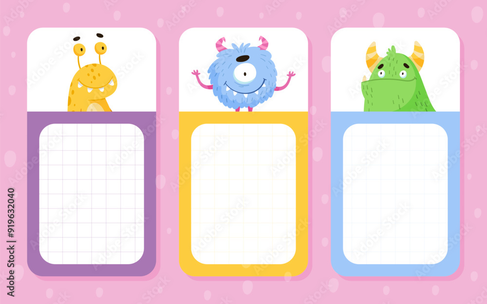 Poster note card with funny monster character and mutant with friendly face vector template
