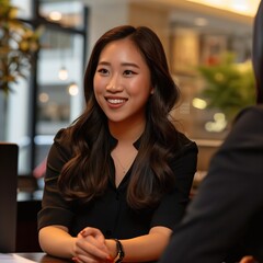 Professional woman smiling during a business meeting in a modern office setting, radiating confidence and positivity.