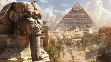 The Great Sphinx of Giza in front of the Great Pyramid, with detailed carvings and the pyramids towering majestically in the background.