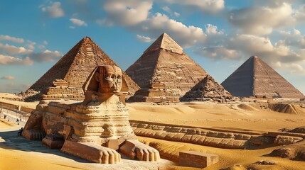 The Great Sphinx of Giza in the foreground, with the three pyramids of Giza rising in the background,