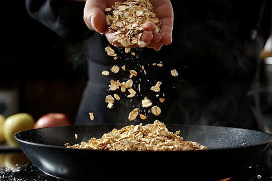 Professional chef hand in black uniform throws up frying mix of oats and apples above the pan on dark background