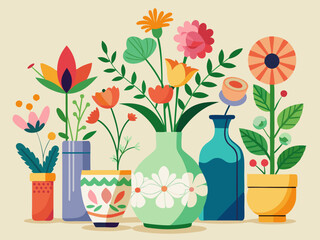 Flowers in vases. Cartoon flower bouquet in ceramic vase and glass bottle. Natural plants and decor in interiors. Celebrating flowering bouquet. Vector collection 
