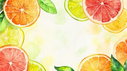 Vibrant watercolor illustration of citrus fruits, including oranges, limes, and grapefruits, with green leaves decorating the border.