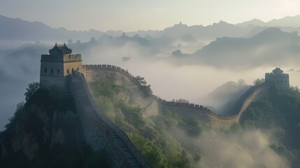 Obraz premium The Great Wall of China bathed in the soft light of dawn, with its stones and watchtowers highlighted against a backdrop