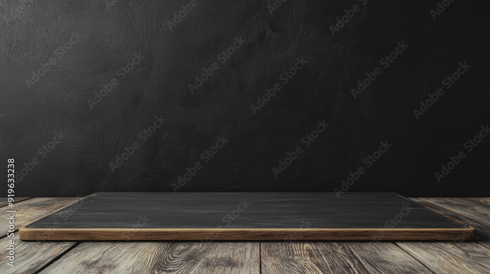 Poster empty wooden table platform with dark black textured background for product display