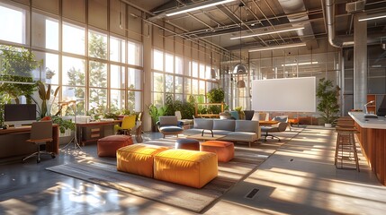 An innovative tech company office with open workspaces, modern furniture, and collaborative zones, featuring whiteboards, bean bags, a relaxed lounge area,